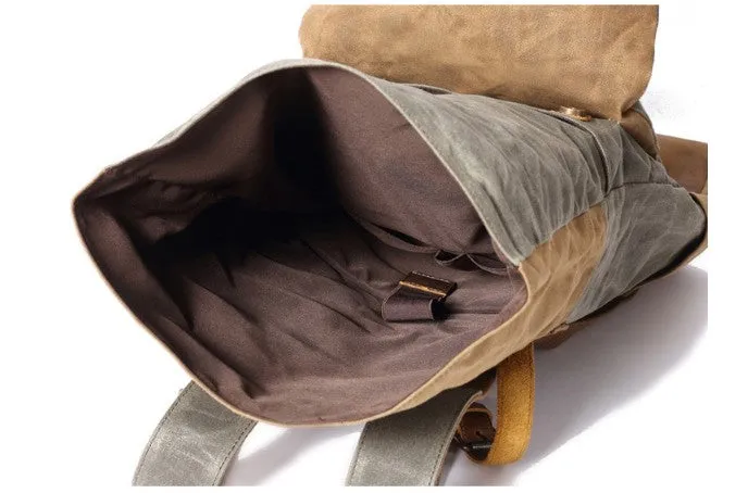 Outing Canvas Leather Rucksack, Casual Backpack, Vintage Waterproof Travel Shoulder Bag 8835