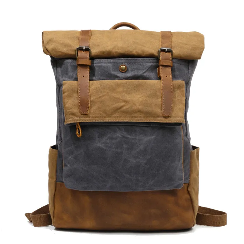 Outing Canvas Leather Rucksack, Casual Backpack, Vintage Waterproof Travel Shoulder Bag 8835