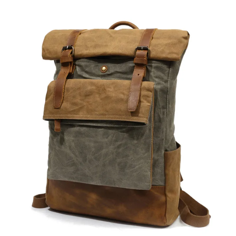 Outing Canvas Leather Rucksack, Casual Backpack, Vintage Waterproof Travel Shoulder Bag 8835