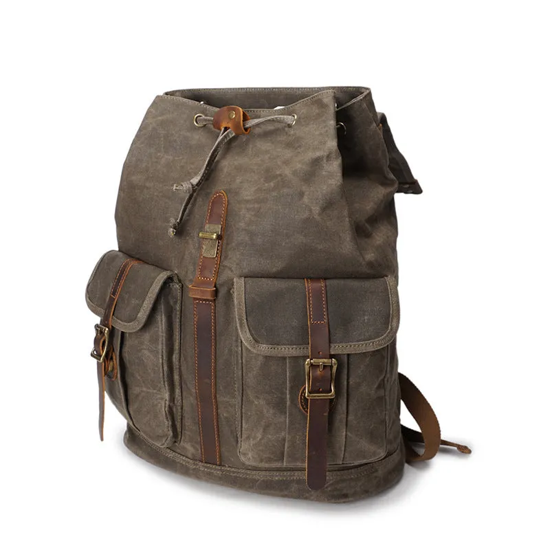 Outing Sport Travelling Waxed Canvas Leather Backpack, Casual Laptop Backpack, Vintage Waterproof Shoulder School Bag 5252