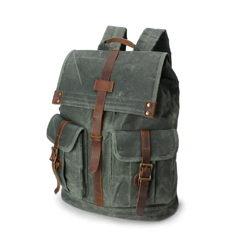 Outing Sport Travelling Waxed Canvas Leather Backpack, Casual Laptop Backpack, Vintage Waterproof Shoulder School Bag 5252