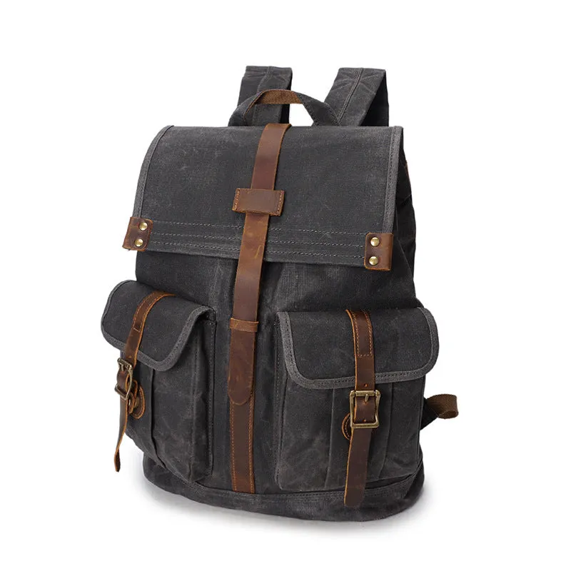 Outing Sport Travelling Waxed Canvas Leather Backpack, Casual Laptop Backpack, Vintage Waterproof Shoulder School Bag 5252