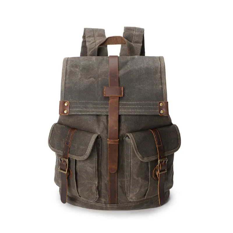 Outing Sport Travelling Waxed Canvas Leather Backpack, Casual Laptop Backpack, Vintage Waterproof Shoulder School Bag 5252