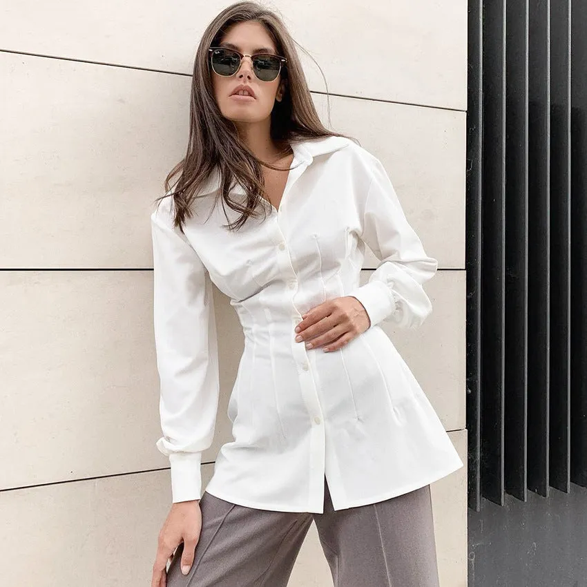 Pile Collar Shirred Frill Elastic Waist Single-breasted Shirts