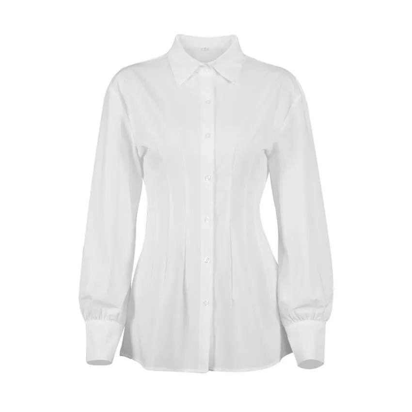 Pile Collar Shirred Frill Elastic Waist Single-breasted Shirts