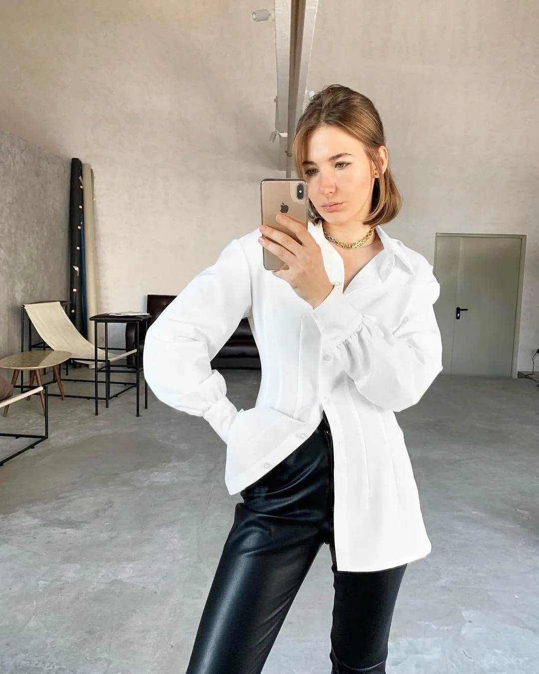 Pile Collar Shirred Frill Elastic Waist Single-breasted Shirts