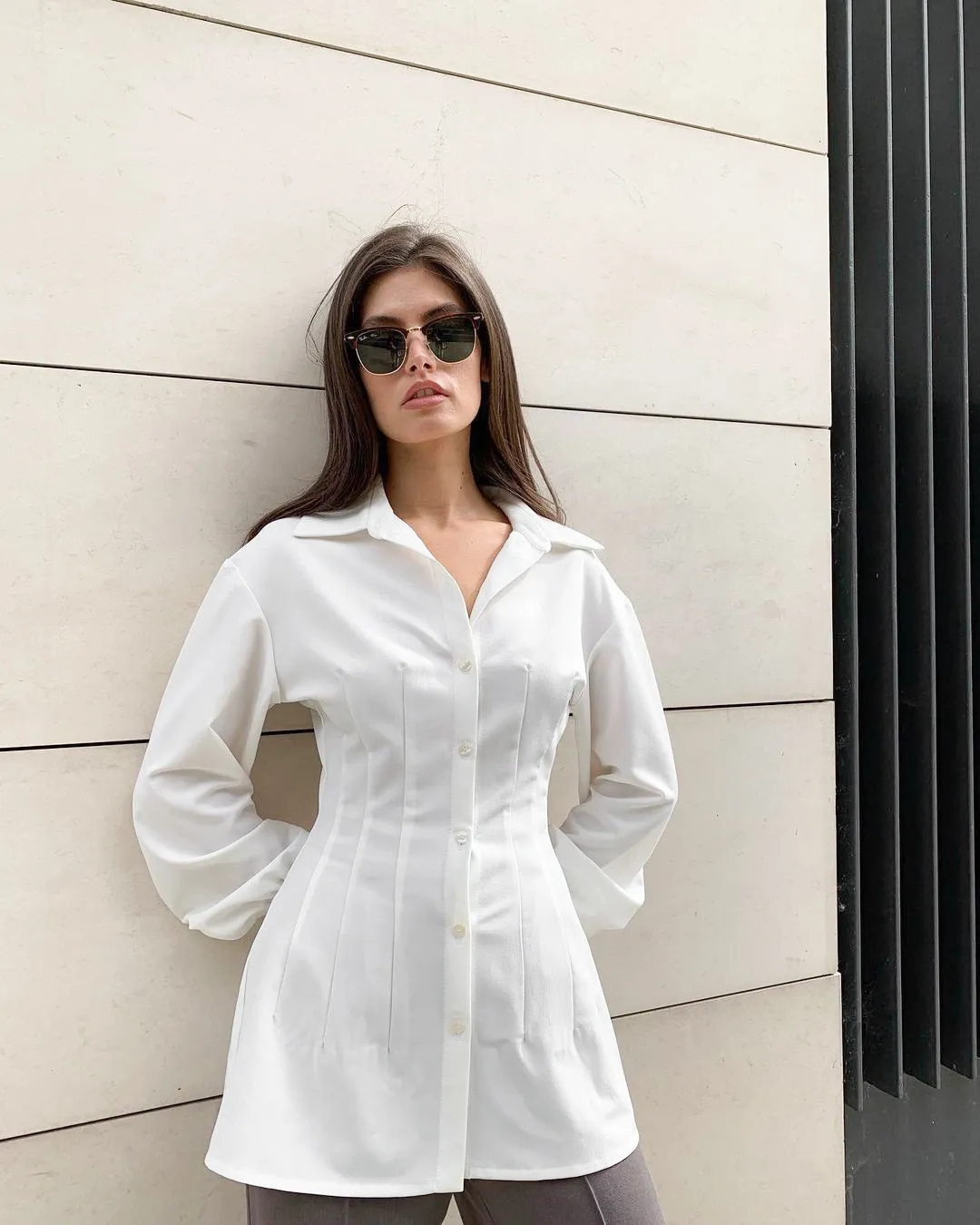 Pile Collar Shirred Frill Elastic Waist Single-breasted Shirts