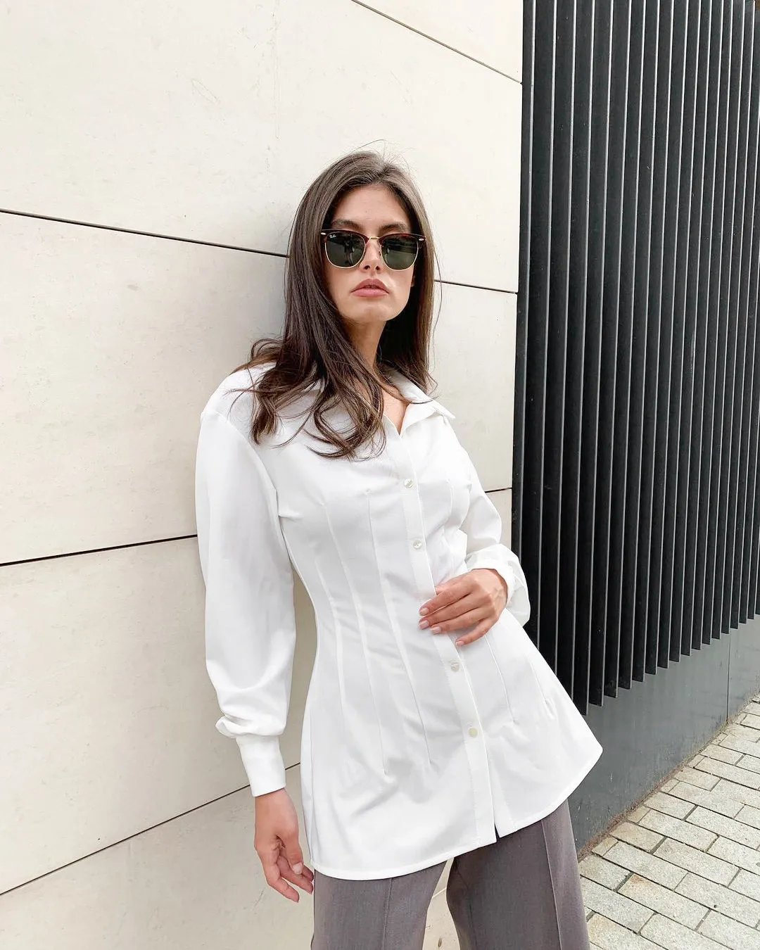 Pile Collar Shirred Frill Elastic Waist Single-breasted Shirts