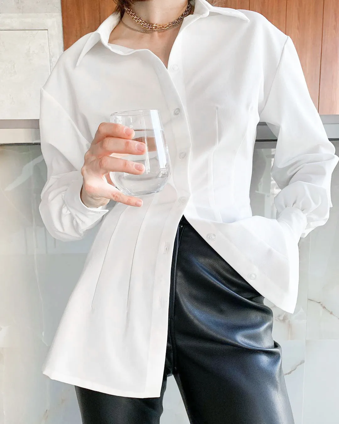 Pile Collar Shirred Frill Elastic Waist Single-breasted Shirts