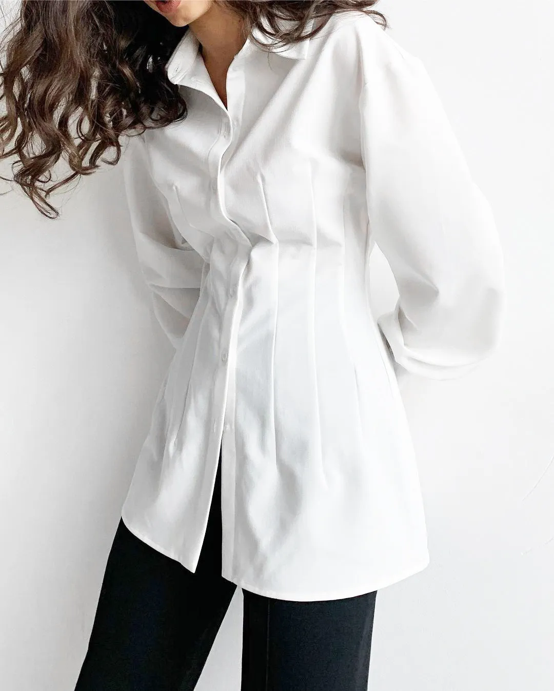 Pile Collar Shirred Frill Elastic Waist Single-breasted Shirts