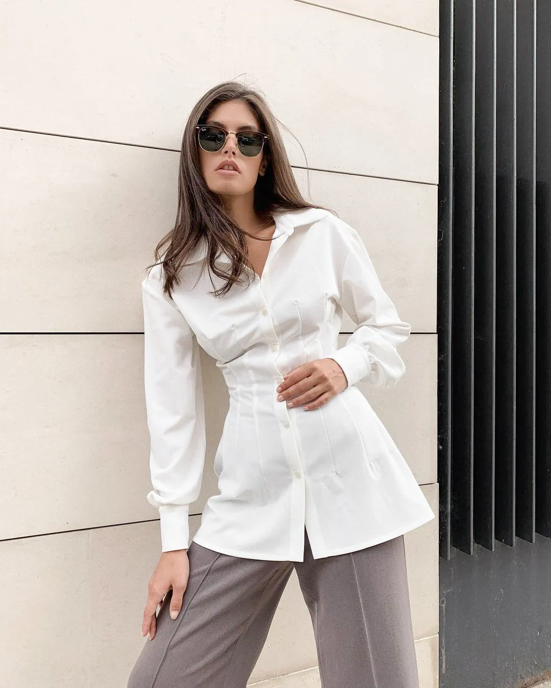Pile Collar Shirred Frill Elastic Waist Single-breasted Shirts