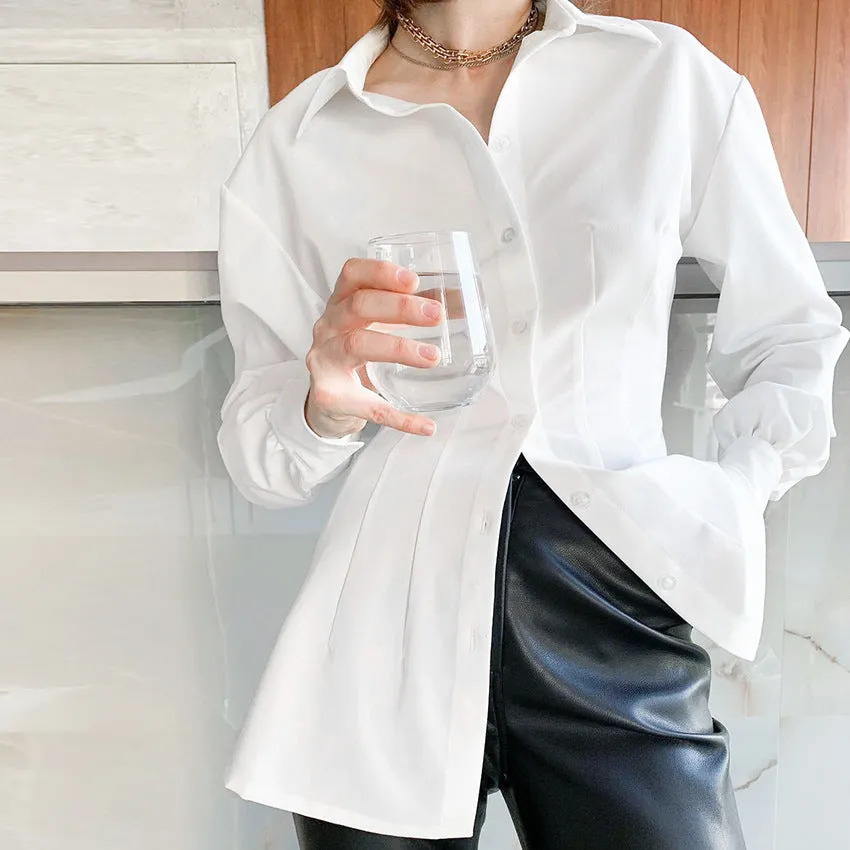 Pile Collar Shirred Frill Elastic Waist Single-breasted Shirts