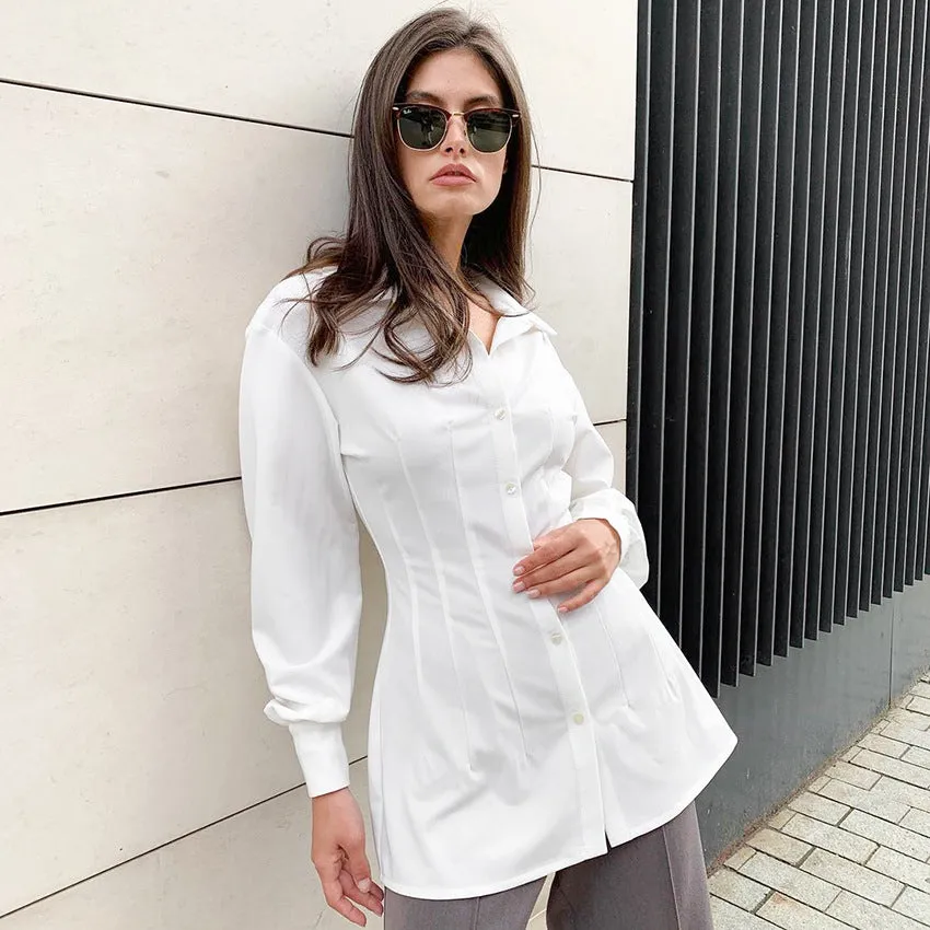 Pile Collar Shirred Frill Elastic Waist Single-breasted Shirts