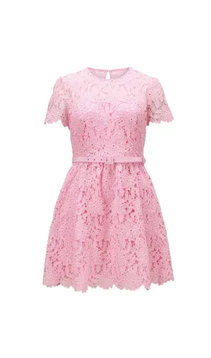 PINK GUIPURE ROUND NECK MINI DRESS