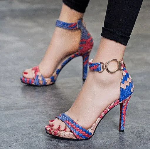 Plaid High Sandals Women Cross-Tied Heels Ladies Ankle Strap Lace Up Party Bow High Shoes