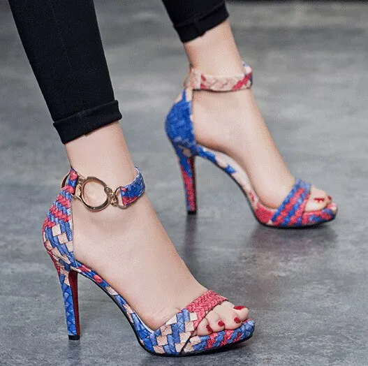 Plaid High Sandals Women Cross-Tied Heels Ladies Ankle Strap Lace Up Party Bow High Shoes
