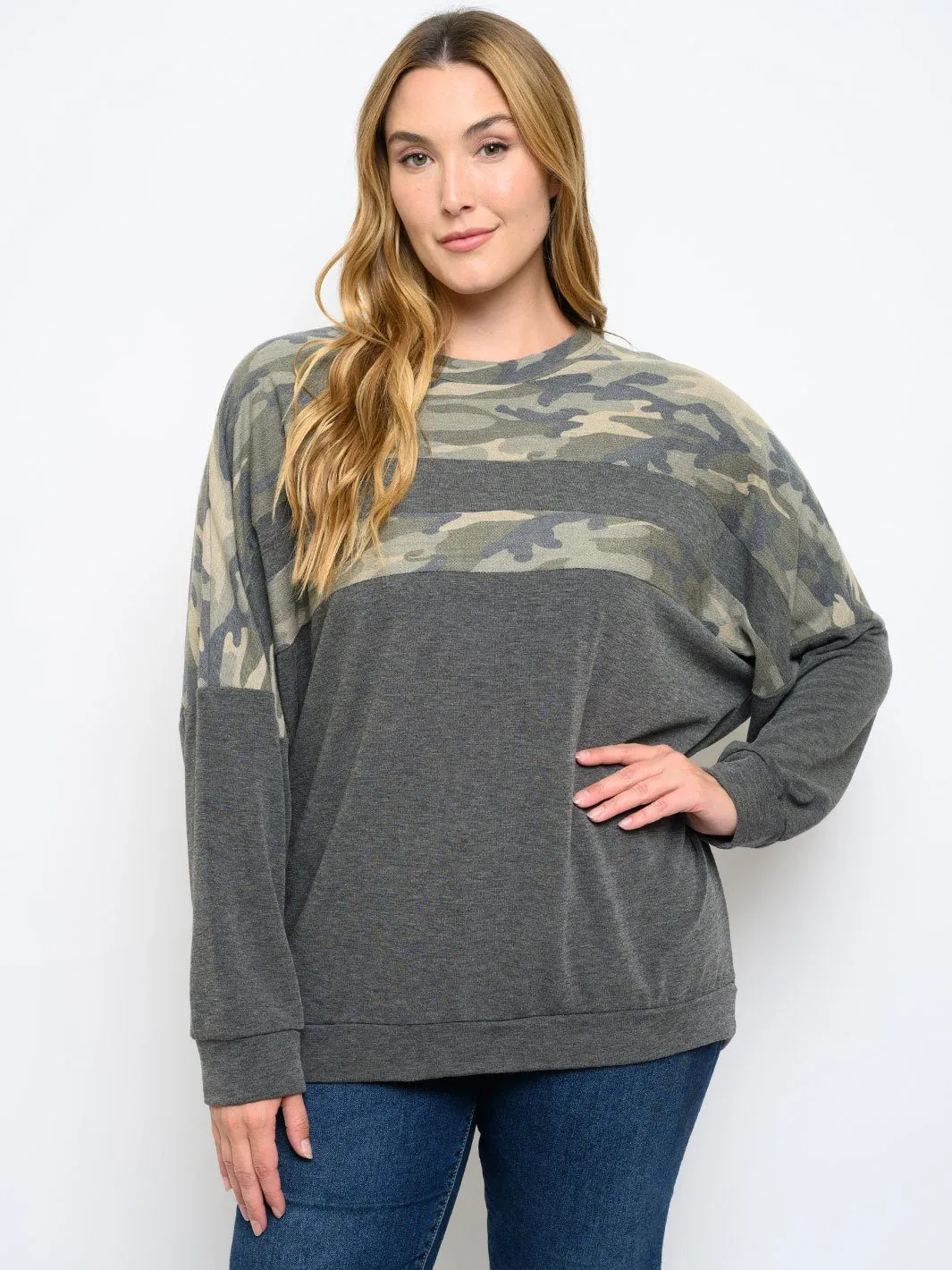 PLUS SIZE ARMY PRINT LONG SLEEVE TOP