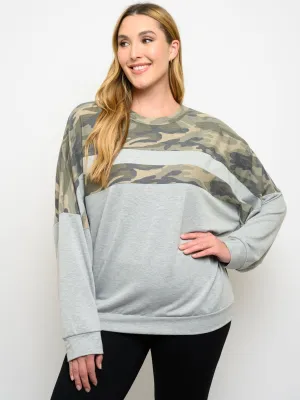 PLUS SIZE ARMY PRINT LONG SLEEVE TOP