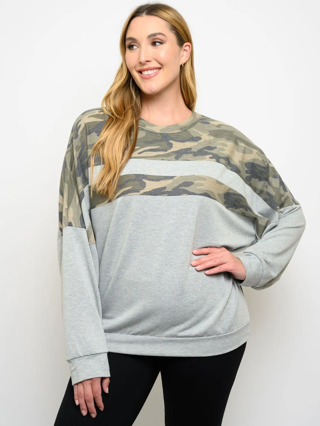 PLUS SIZE ARMY PRINT LONG SLEEVE TOP