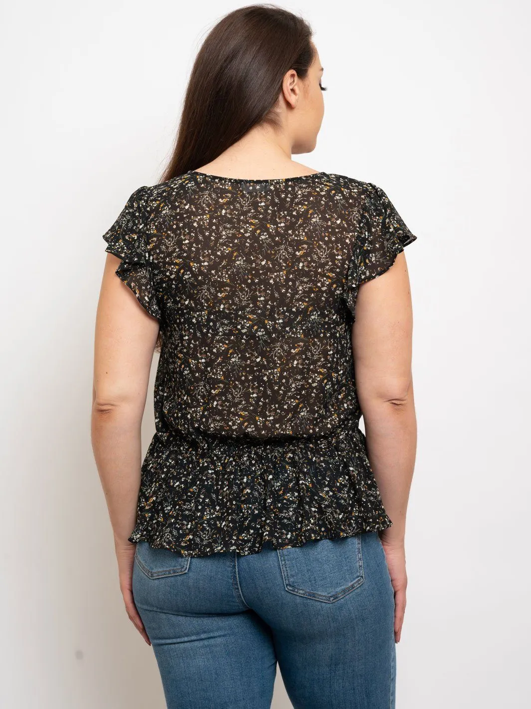PLUS SIZE FLORAL FLUTTER SLEEVE PEPLUM TOP