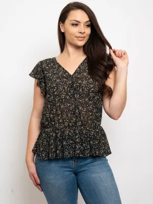 PLUS SIZE FLORAL FLUTTER SLEEVE PEPLUM TOP