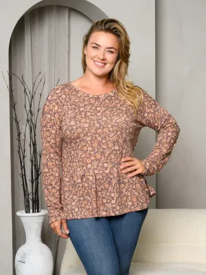PLUS SIZE LONG SLEEVE FRONT POCKET FLORAL PEPLUM TOP