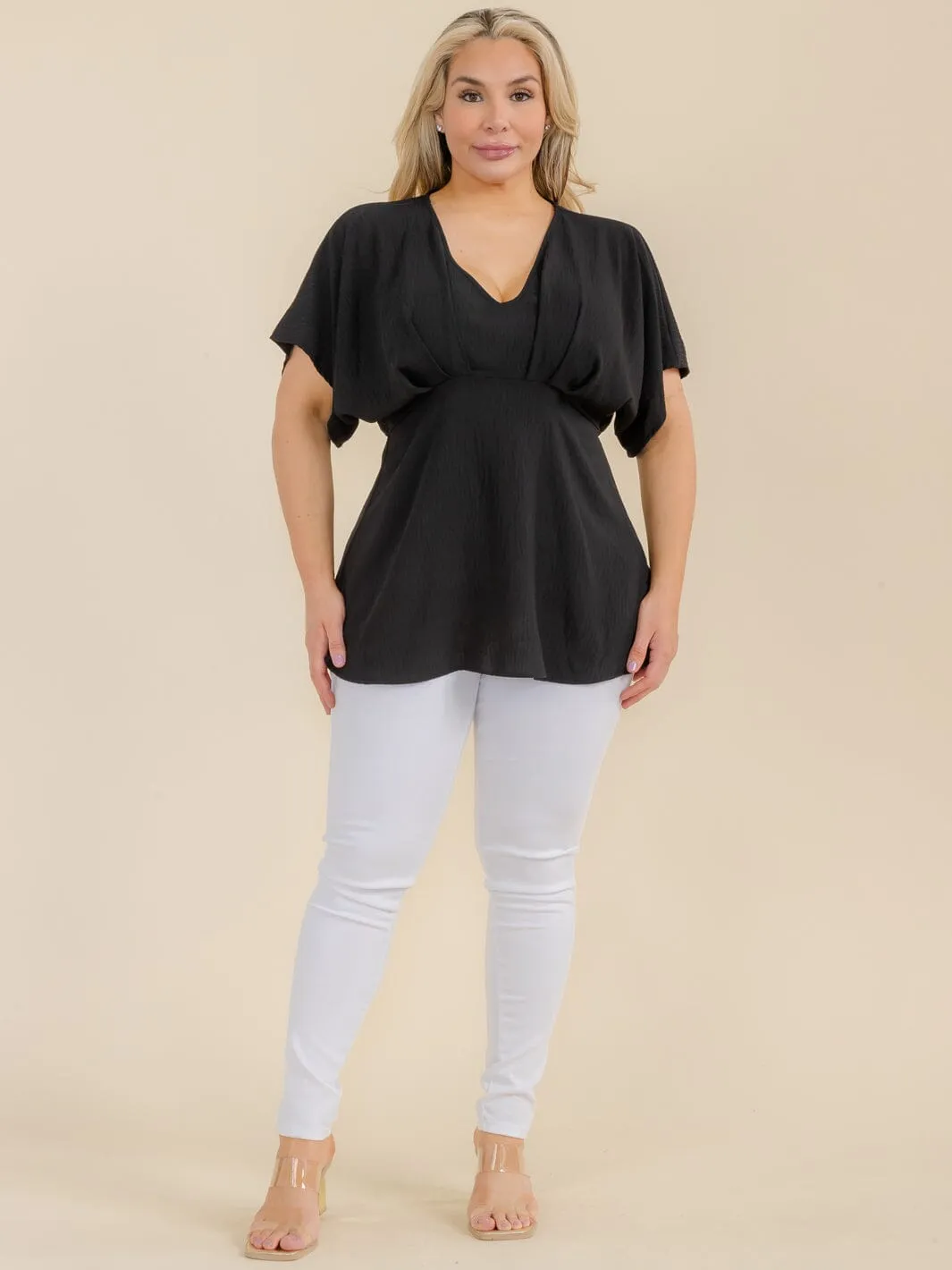 PLUS SIZE SHORT SLEEVE V-NECK PEPLUM TUNIC BLOUSE