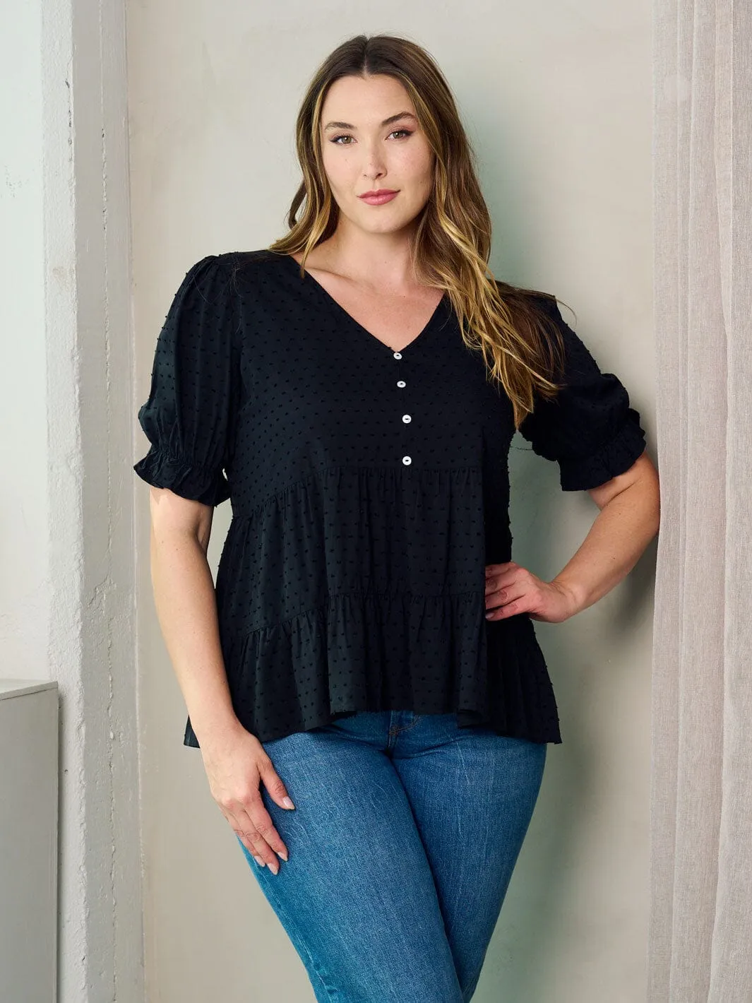 PLUS SIZE SHORT SLEEVE V-NECK SWISS DOTS PEPLUM TOP