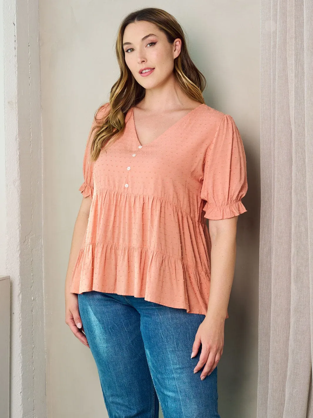 PLUS SIZE SHORT SLEEVE V-NECK SWISS DOTS PEPLUM TOP