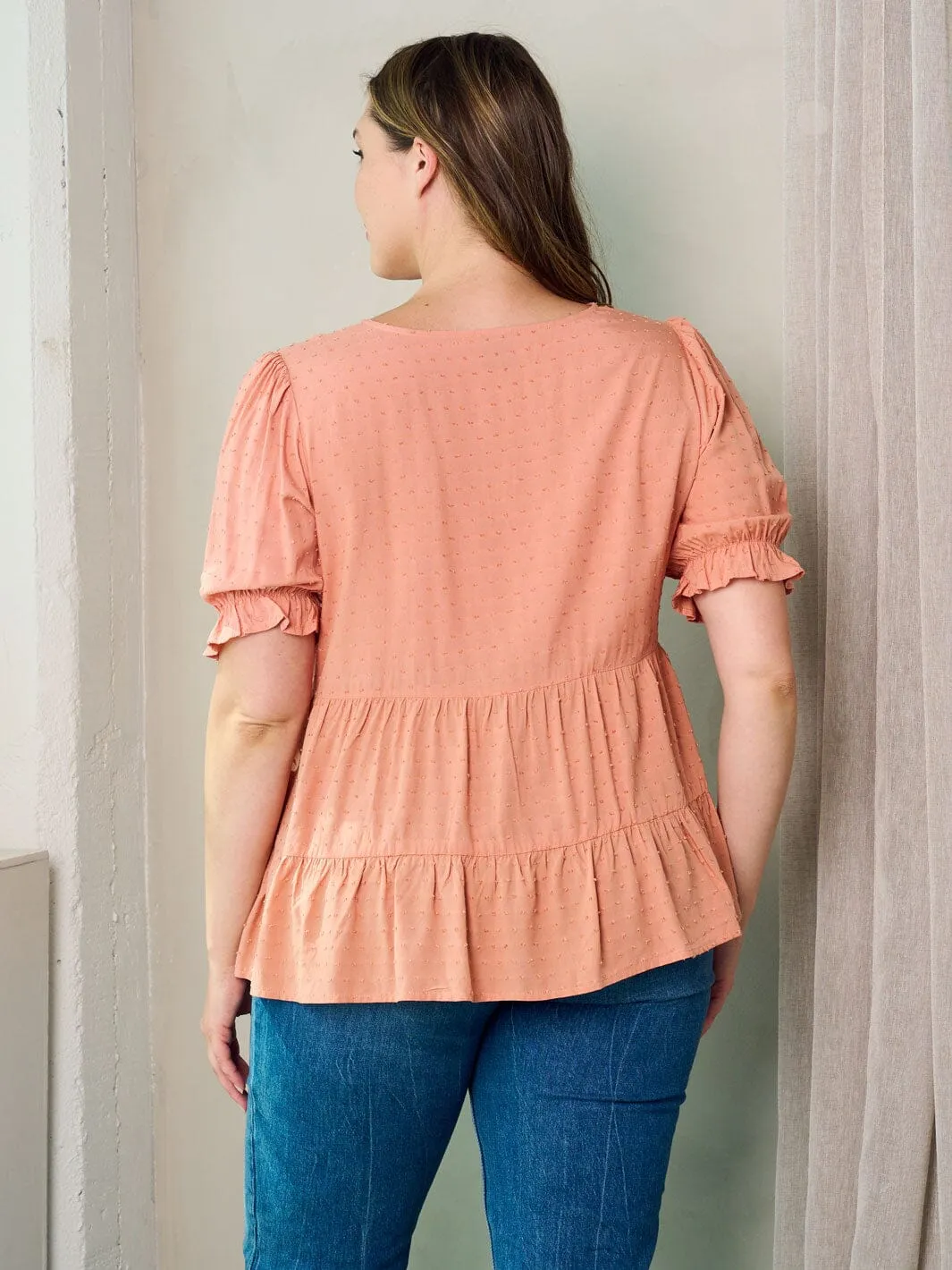 PLUS SIZE SHORT SLEEVE V-NECK SWISS DOTS PEPLUM TOP