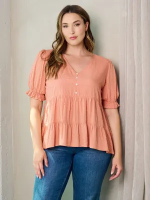 PLUS SIZE SHORT SLEEVE V-NECK SWISS DOTS PEPLUM TOP