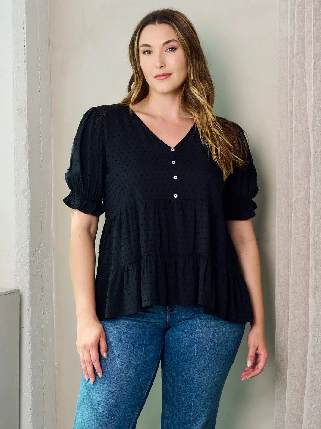 PLUS SIZE SHORT SLEEVE V-NECK SWISS DOTS PEPLUM TOP
