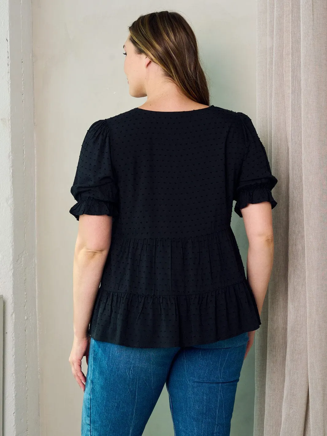 PLUS SIZE SHORT SLEEVE V-NECK SWISS DOTS PEPLUM TOP
