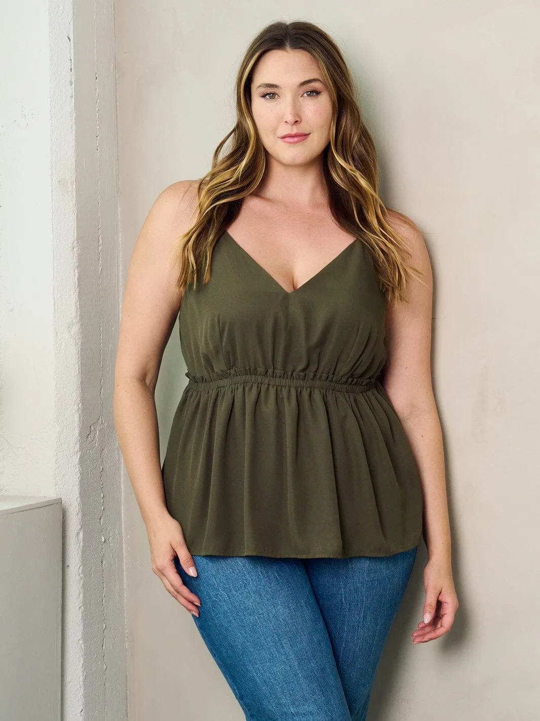PLUS SIZE SLEEVELESS V-NECK ELASTIC WAIST PEPLUM TANK TOP