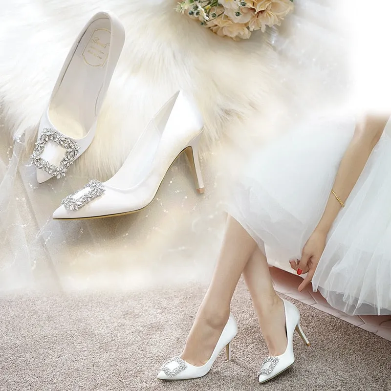Pointed High Heel White Wedding Shoes