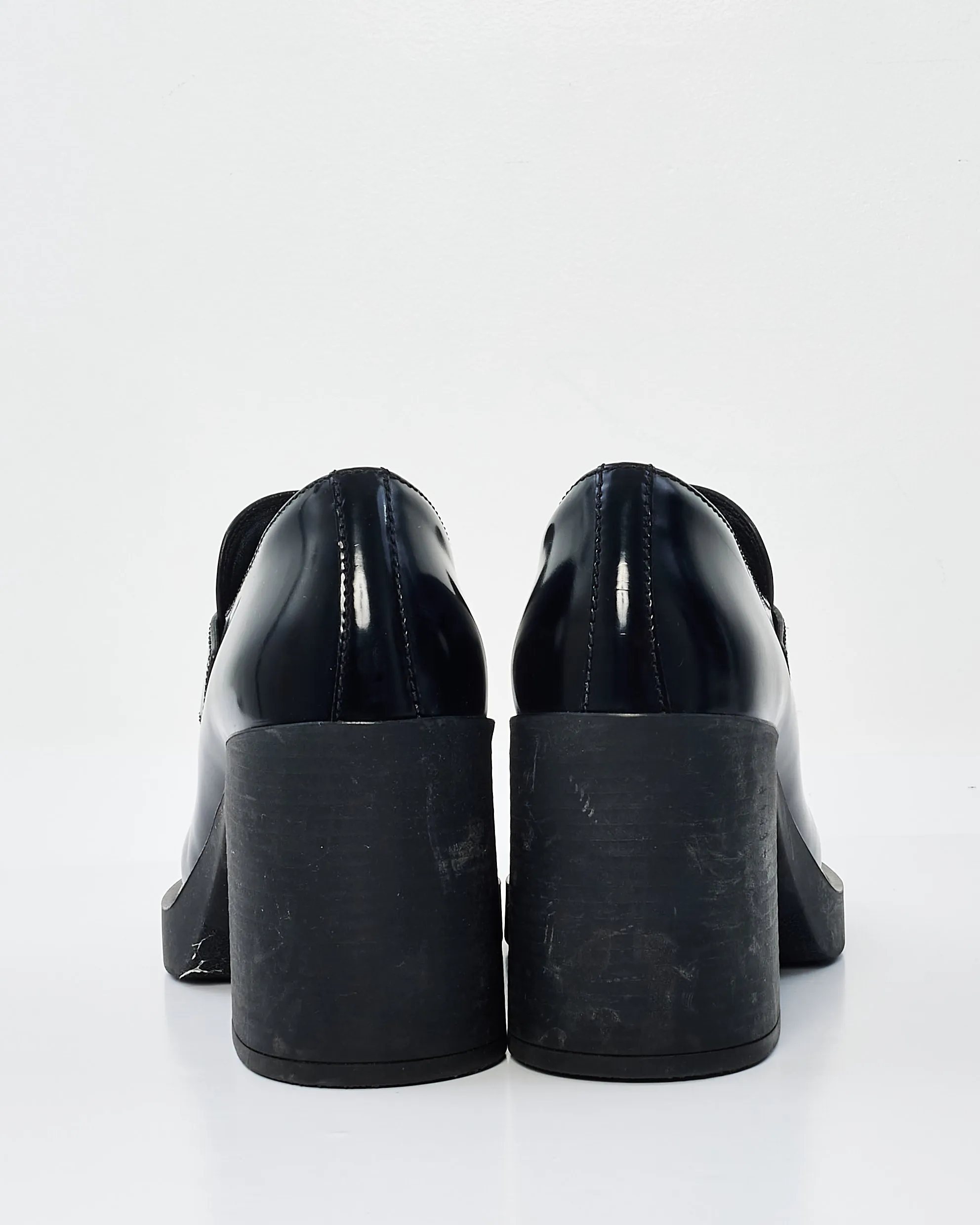 Prada Black Patent Leather Block Heel Logo Loafers - 38