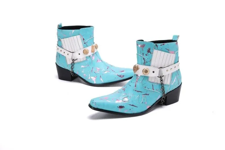 Print Leather Loafers Light Blue Shoes For Men Zip Dress Shoes