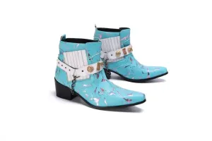 Print Leather Loafers Light Blue Shoes For Men Zip Dress Shoes