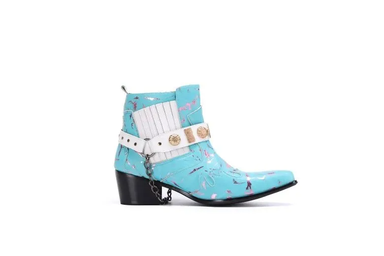 Print Leather Loafers Light Blue Shoes For Men Zip Dress Shoes