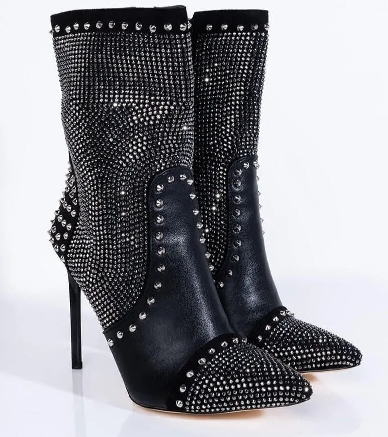 Punk Style Autumn Rivet Crystal Decor Women Ankle Boots