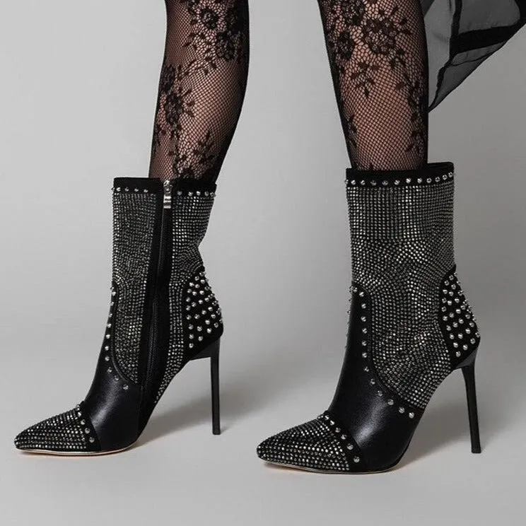 Punk Style Autumn Rivet Crystal Decor Women Ankle Boots