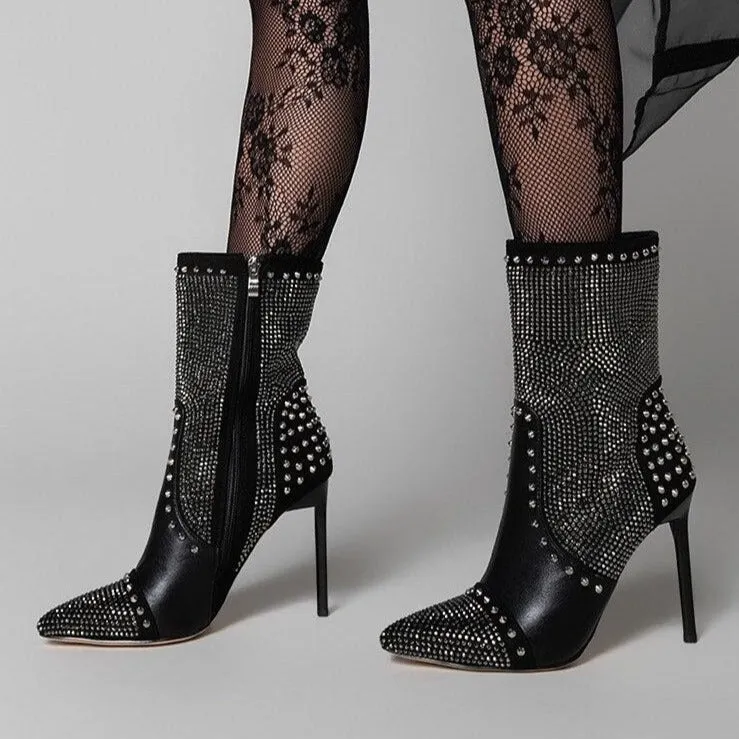 Punk Style Autumn Rivet Crystal Decor Women Ankle Boots