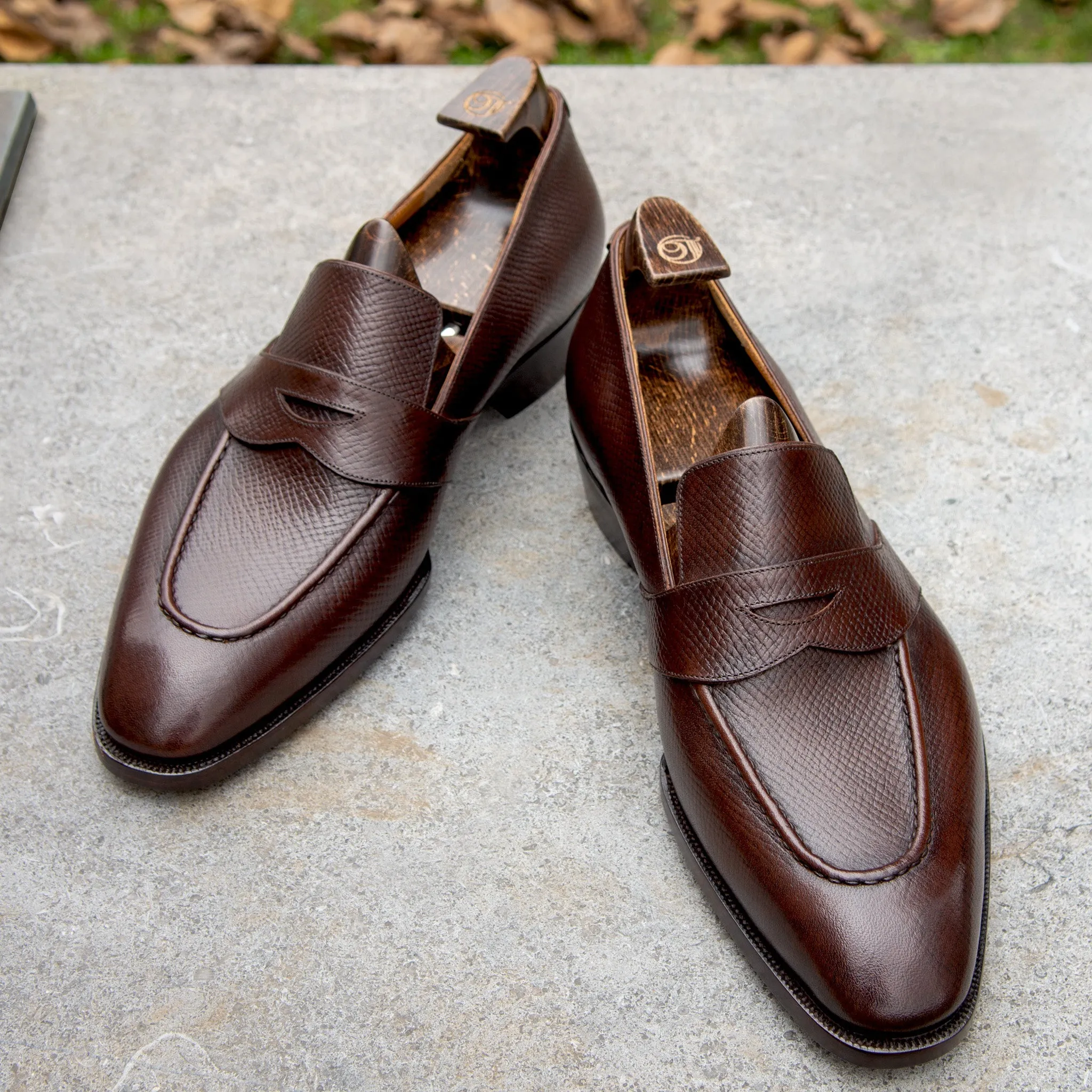 Raj Singhs Full Strap Loafers – Saddle Brown Hatchgrain Italian Leather