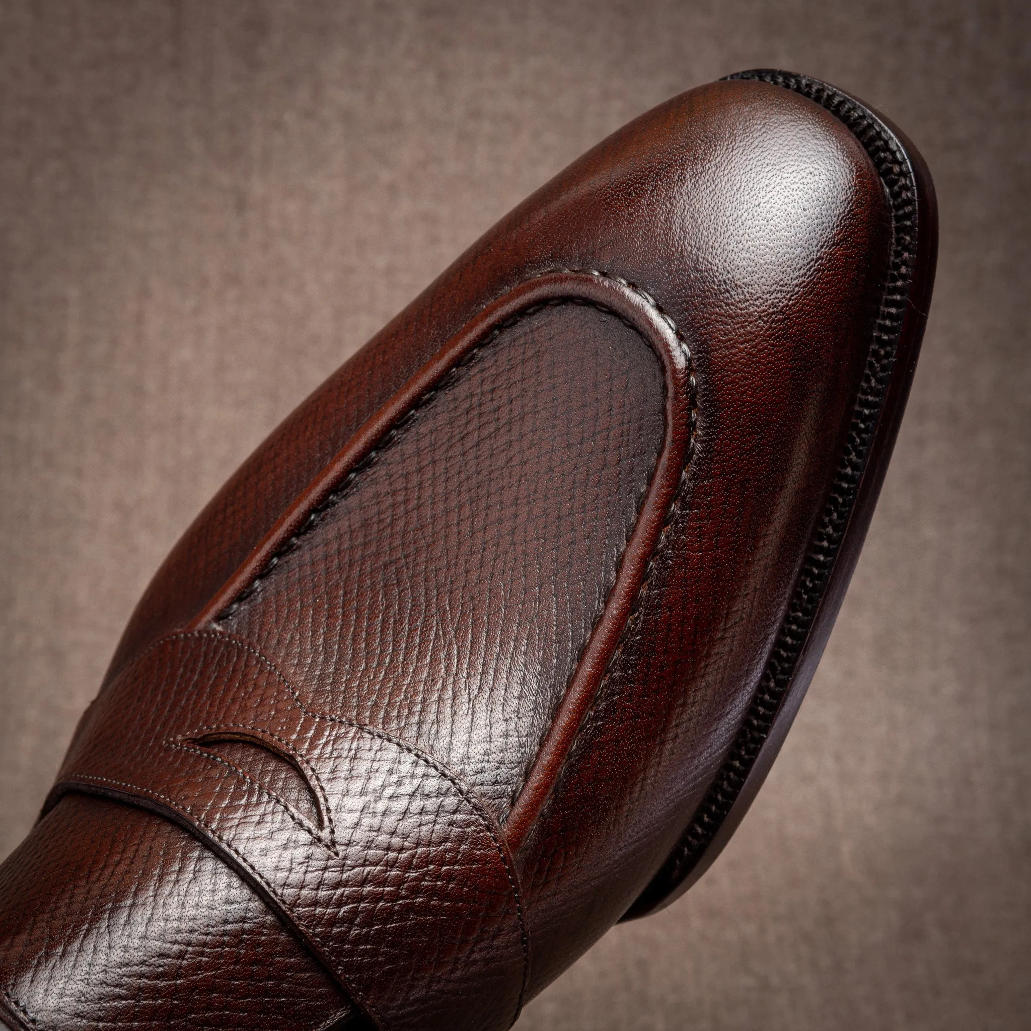 Raj Singhs Full Strap Loafers – Saddle Brown Hatchgrain Italian Leather