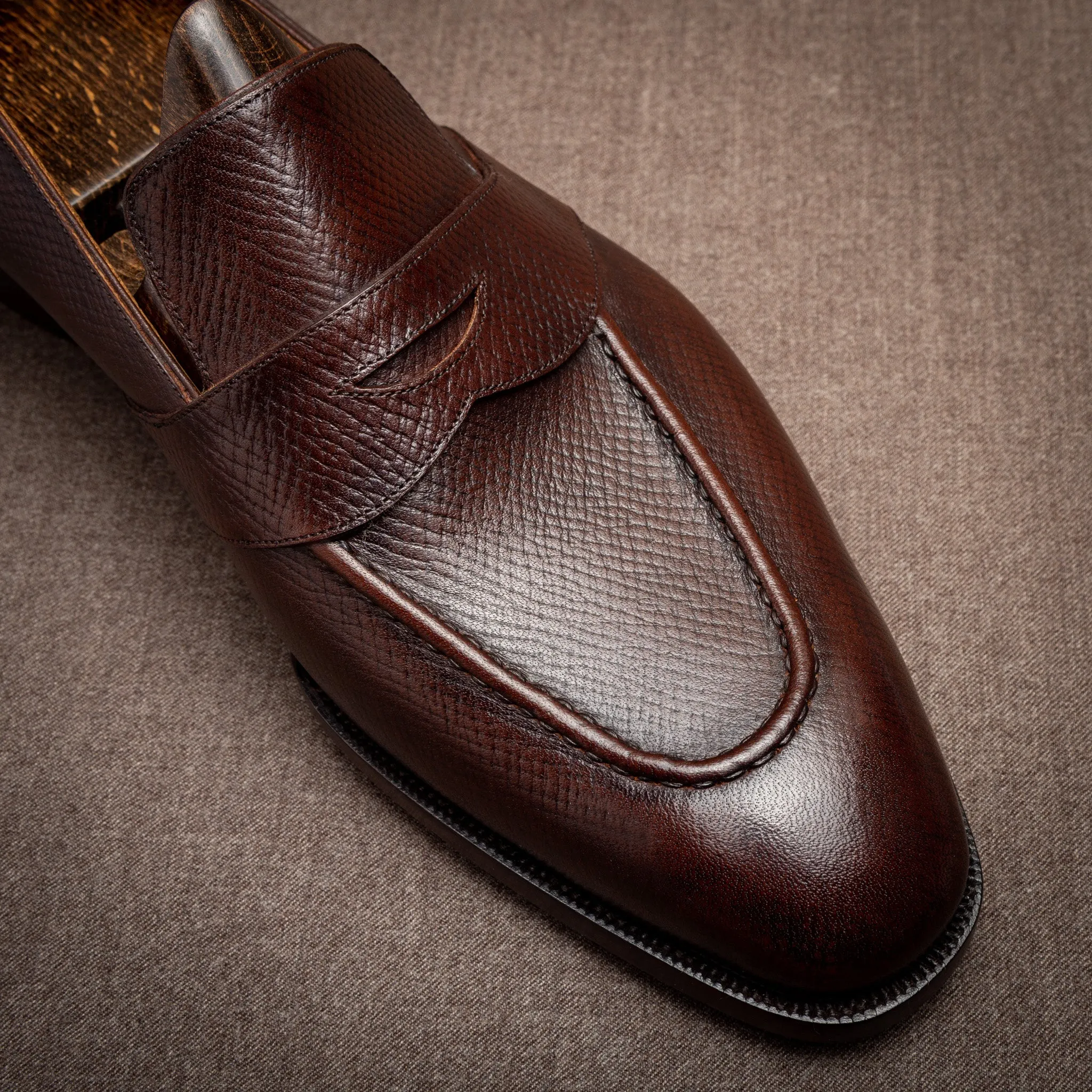 Raj Singhs Full Strap Loafers – Saddle Brown Hatchgrain Italian Leather