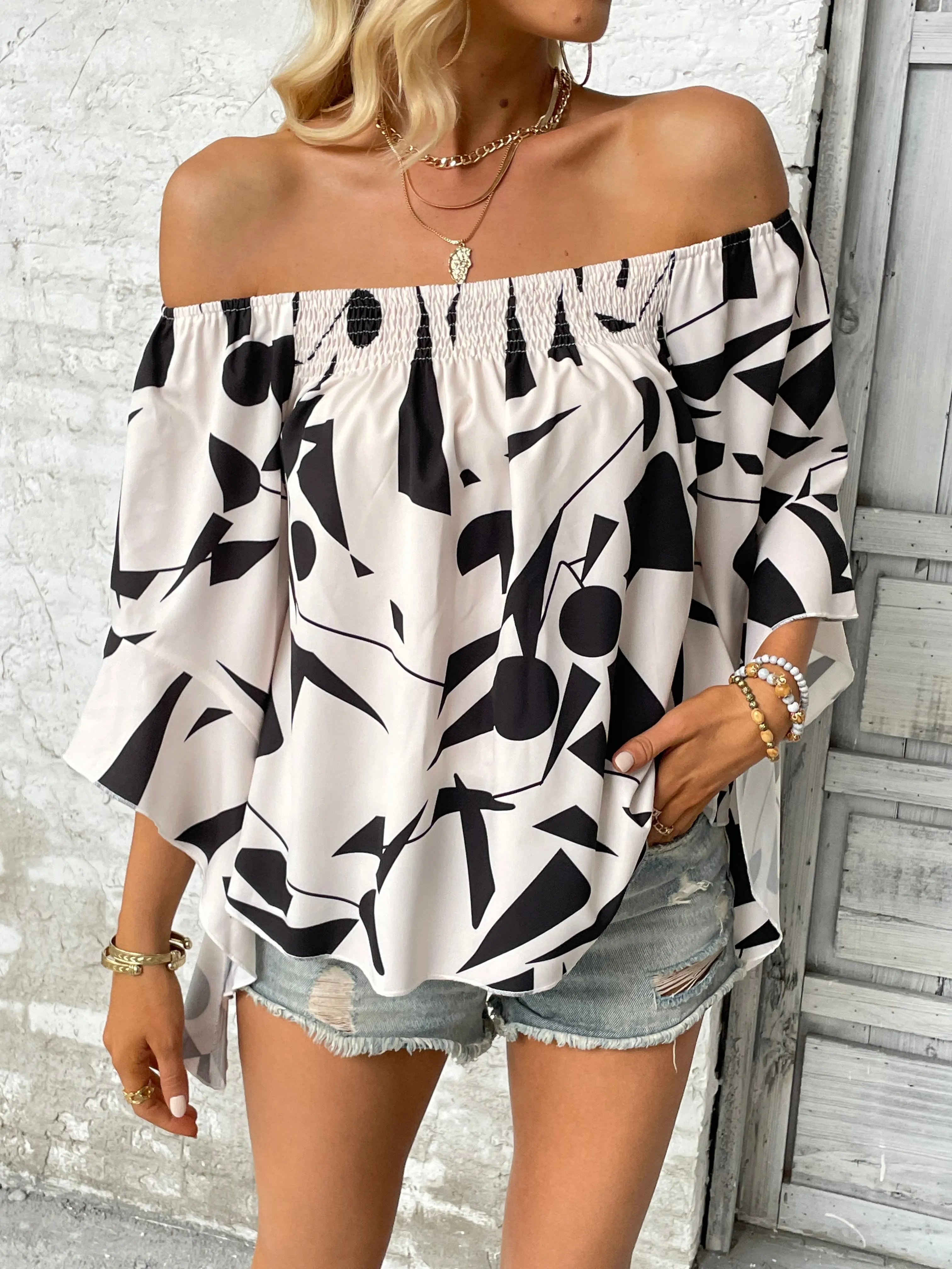 Raquel Printed Off-Shoulder Bell Sleeve Blouse