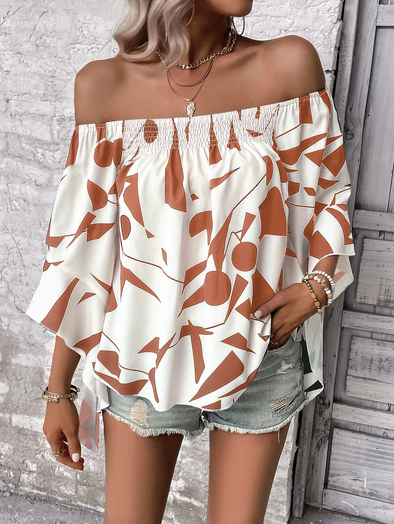 Raquel Printed Off-Shoulder Bell Sleeve Blouse