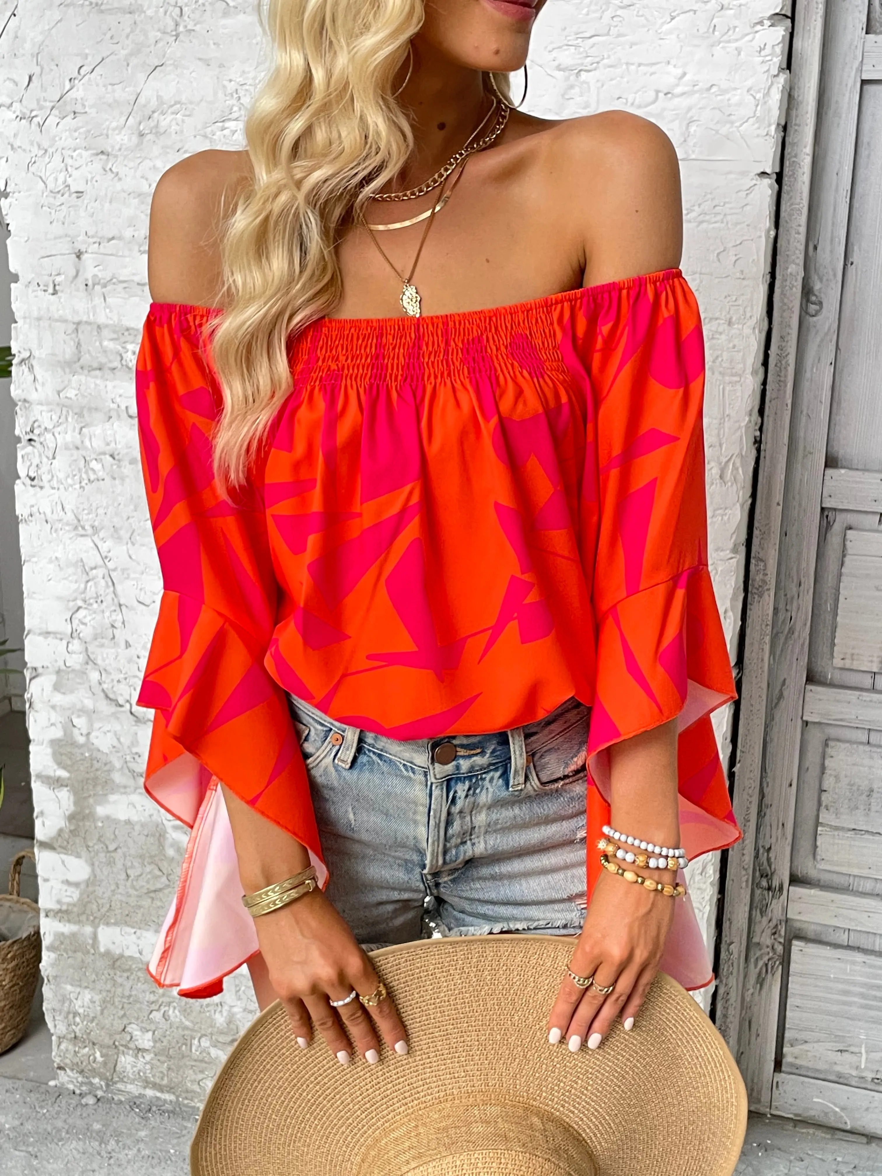 Raquel Printed Off-Shoulder Bell Sleeve Blouse