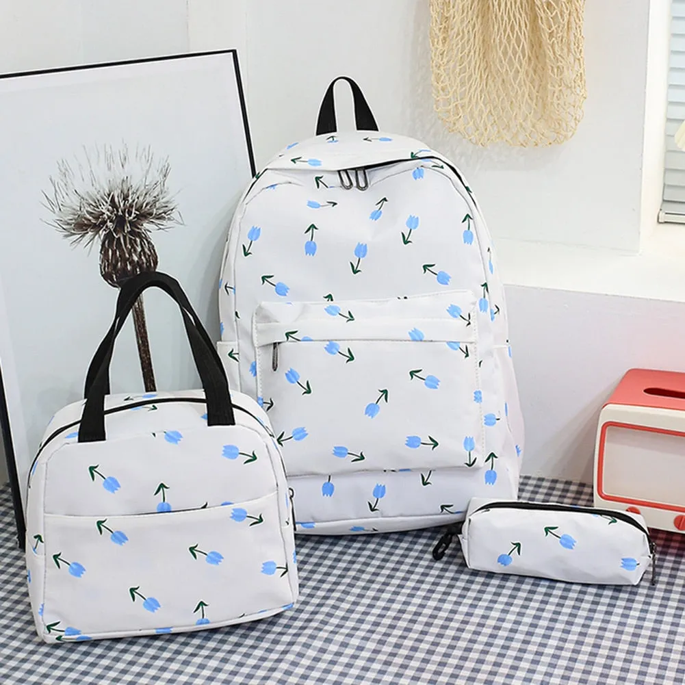 Realaiot 3pcs/set Laptop Backpack with Lunch Box Pencil Case College Student Rucksack Simple Floral Print Fashion Nylon for Vacations