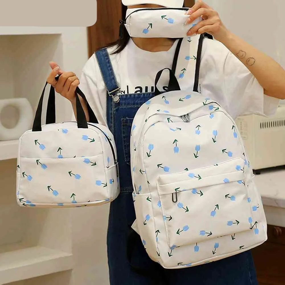Realaiot 3pcs/set Laptop Backpack with Lunch Box Pencil Case College Student Rucksack Simple Floral Print Fashion Nylon for Vacations